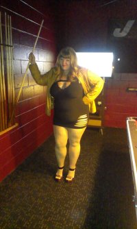 married redhead in minidress suntan hose and my hooker heels at pool hall2.jpg