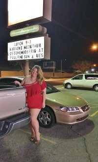 married redhead in red minidress suntan crotchless pantyhose and my 'Hooker Heels' dressed for...JPG