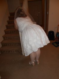 Married Redhead in my Bridal Lingerie, White Bustier, White Stockings, White Satin Heels and W...JPG