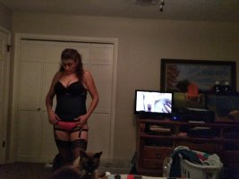 Lingerie night at the Popa house standing in corset and garters.jpg
