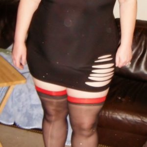 Married Redhead Wearing my Black Minidress and Nothing Else Under But Stockings and Hooker Heels for my Date with my Bull