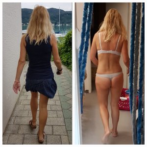 In skirt and top and in undies